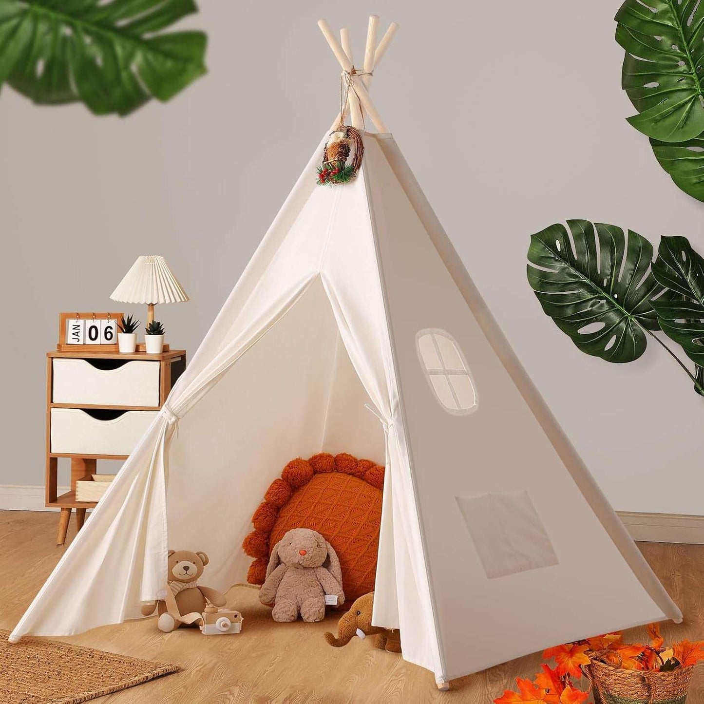 Teepee Tent for Kids with Carry Case, Natural Canvas Teepee Play Tent, Toys for Girls/Boys Indoor & Outdoor Playing (White Teepee Tent)