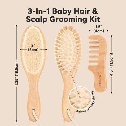 Baby Hair Brush and Comb Set for Newborn - Wooden Baby Hair Brush Set with Soft Goat Bristle, Baby Brush Set for Newborns, Baby Brush and Comb Set Girl,Toddler Cradle Cap Brush (Oval, Walnut)