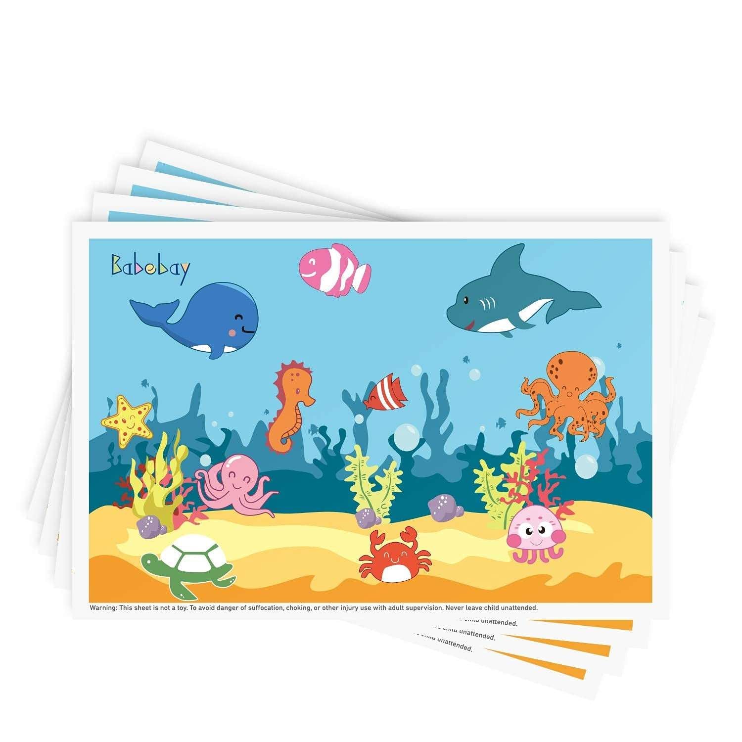 Disposable Stick-On Placemats 40 Pack for Baby & Kids, Toddler Placemats in Reusable Pouch 12" X 18" (Blue Ocean Life)