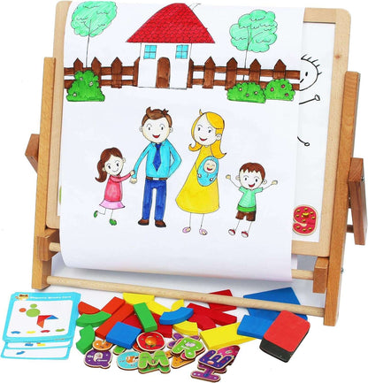 TOWO Wooden Easel for Children Foldable Double Magnetic Boards Magnetic Shapes Letters Numbers and Paper Roll Kids Art Easel -Table Top Magnetic Board for Kids