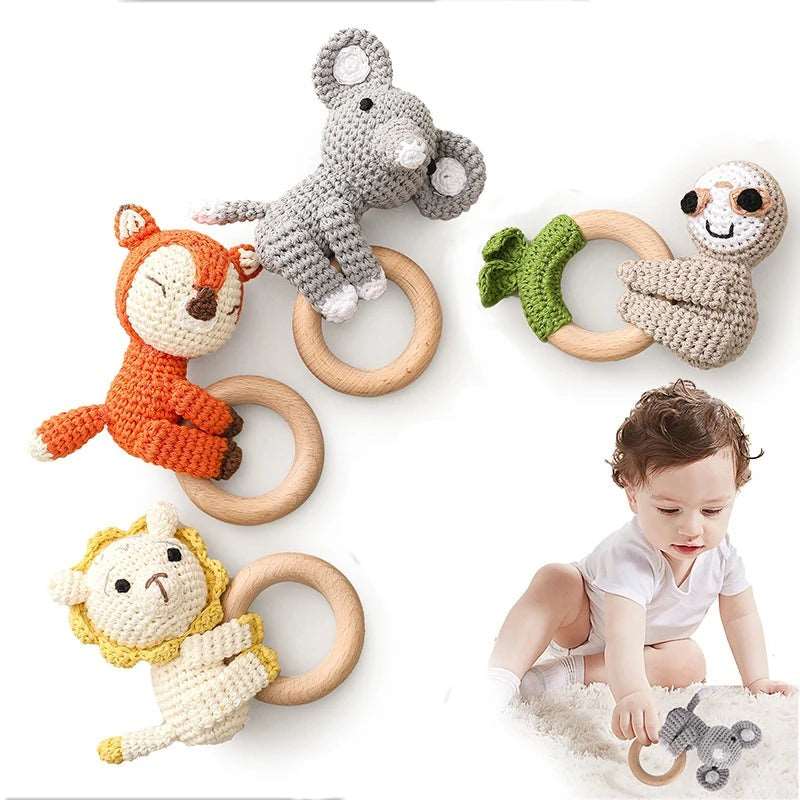 1PCS Cute Baby Toy Cartoon Crochet Animal Rattle New DIY Beech Wood Bracelet BPA Free Baby Teether Newborn Educational Toy Gifts