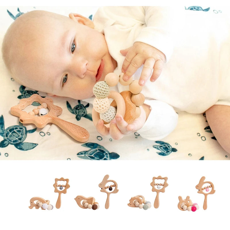  Wooden  Animal Rattle and Bracelet Teether