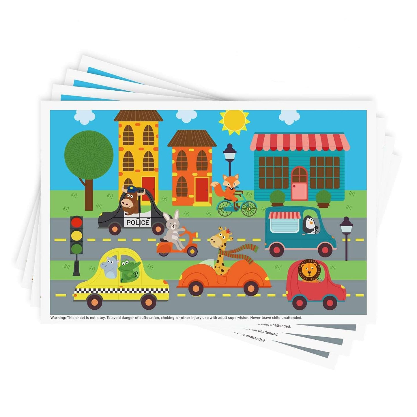 Disposable Stick-On Placemats 40 Pack for Baby & Kids, Toddler Placemats in Reusable Pouch 12" X 18" (Multicolor Animals Driving Cars)