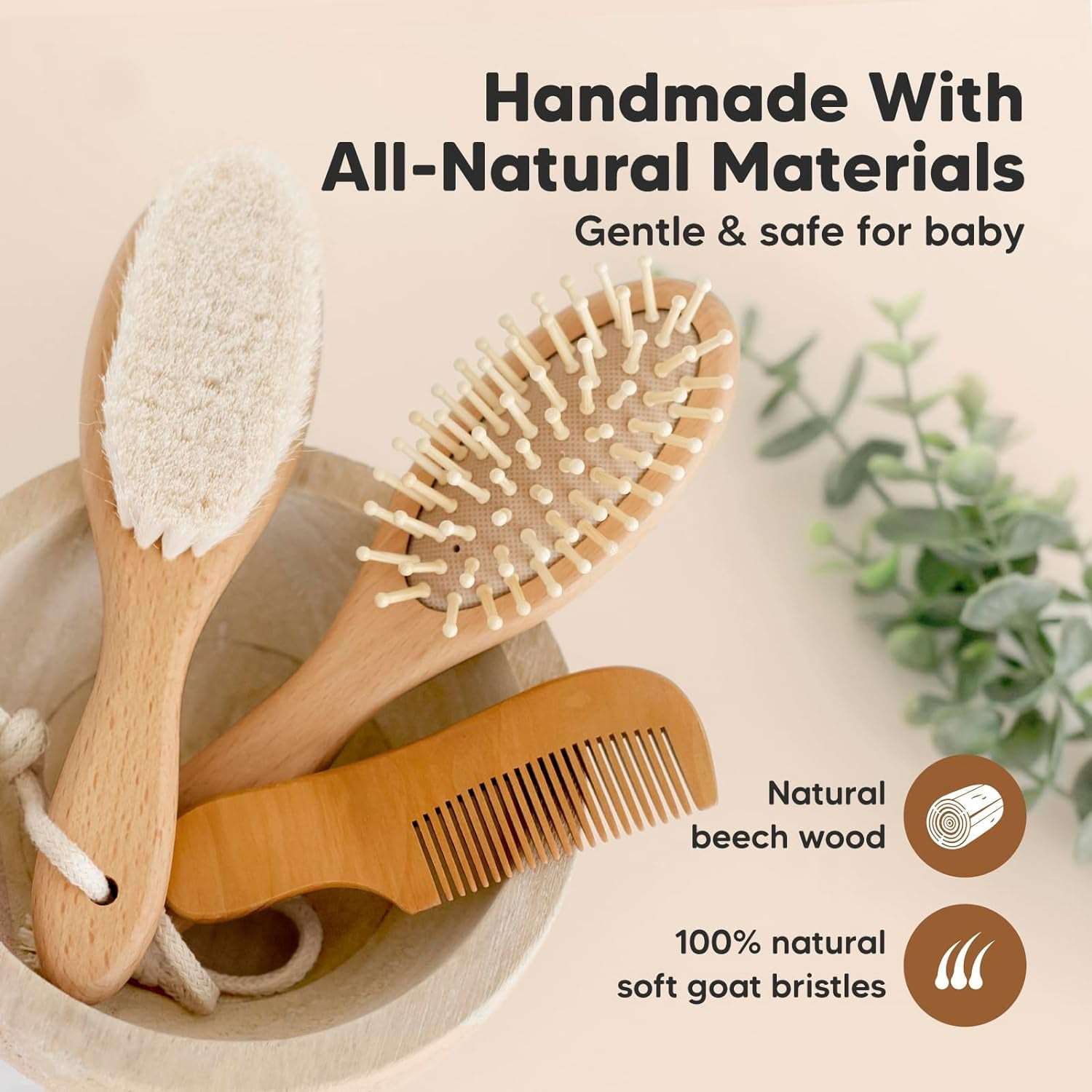 Baby Hair Brush and Comb Set for Newborn - Wooden Baby Hair Brush Set with Soft Goat Bristle, Baby Brush Set for Newborns, Baby Brush and Comb Set Girl,Toddler Cradle Cap Brush (Oval, Walnut)