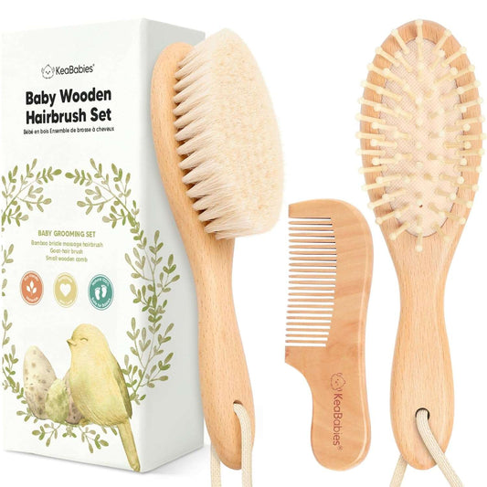 Baby Hair Brush and Comb Set for Newborn - Wooden Baby Hair Brush Set with Soft Goat Bristle, Baby Brush Set for Newborns, Baby Brush and Comb Set Girl,Toddler Cradle Cap Brush (Oval, Walnut)