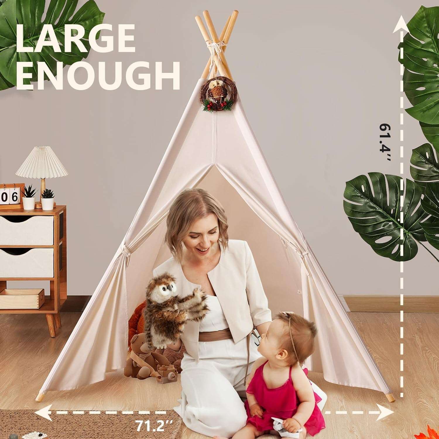 Teepee Tent for Kids with Carry Case, Natural Canvas Teepee Play Tent, Toys for Girls/Boys Indoor & Outdoor Playing (White Teepee Tent)