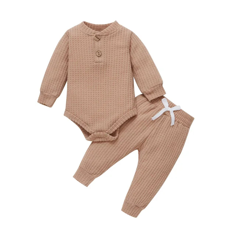  Ribbed/Plaid Solid Clothes Sets Long Sleeve Bodysuits + Elastic Pants 2Pcs Outfits