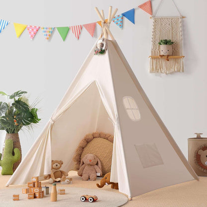 Teepee Tent for Kids with Carry Case, Natural Canvas Teepee Play Tent, Toys for Girls/Boys Indoor & Outdoor Playing (White Teepee Tent)