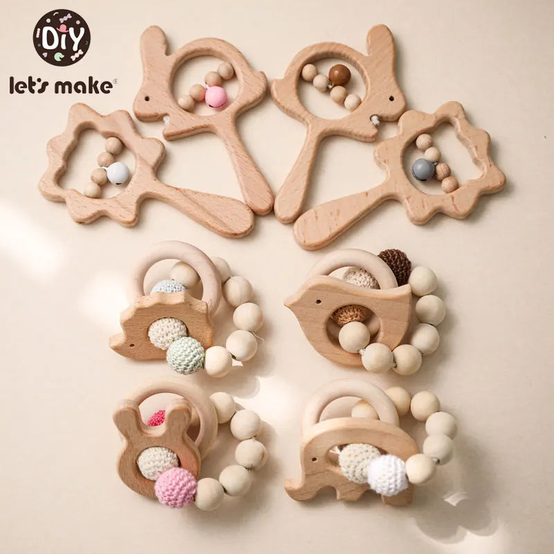  Wooden  Animal Rattle and Bracelet Teether