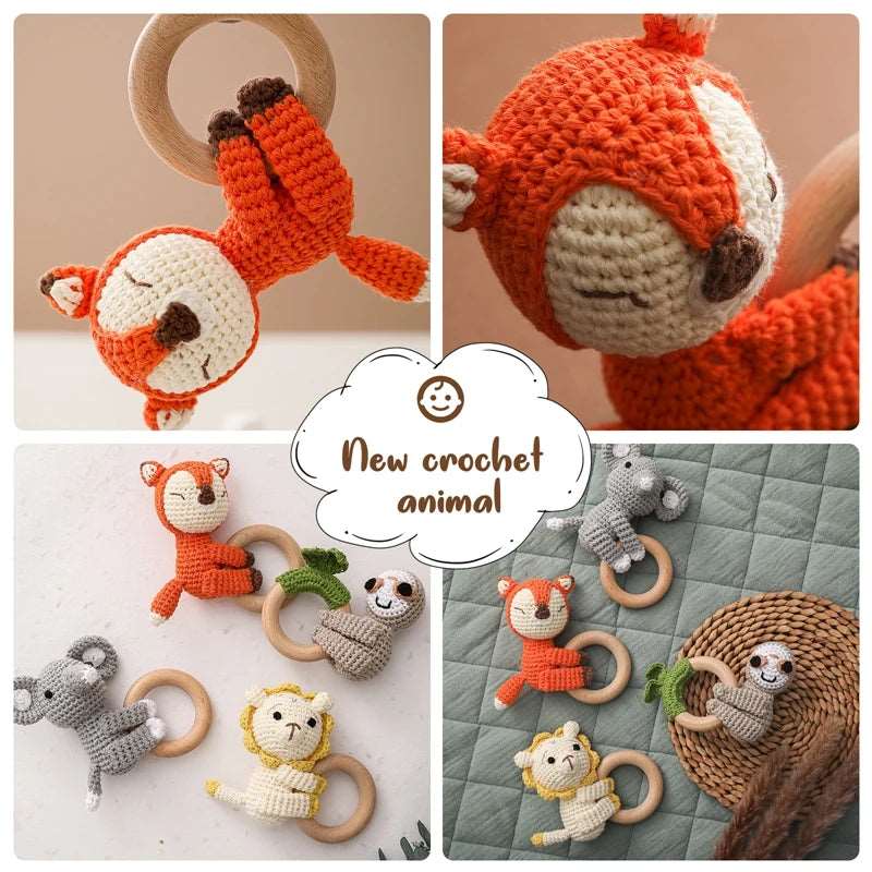 1PCS Cute Baby Toy Cartoon Crochet Animal Rattle New DIY Beech Wood Bracelet BPA Free Baby Teether Newborn Educational Toy Gifts