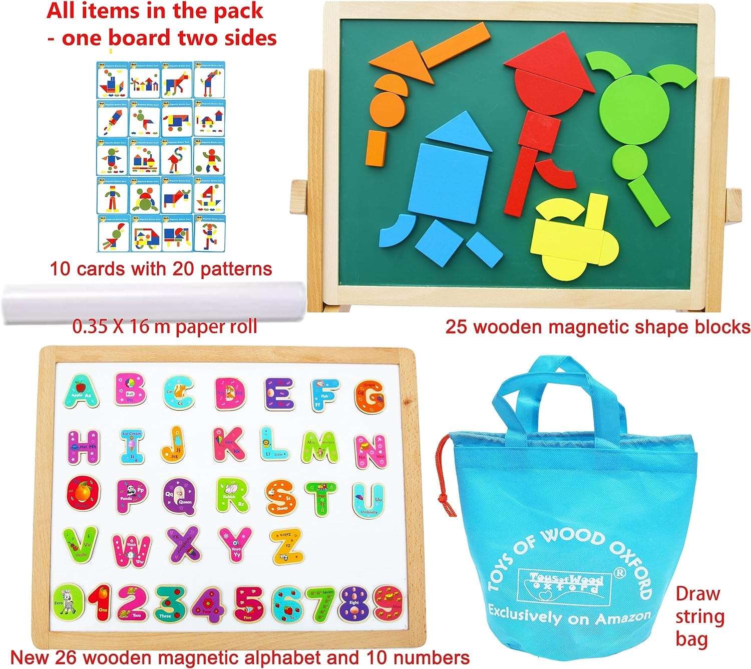 TOWO Wooden Easel for Children Foldable Double Magnetic Boards Magnetic Shapes Letters Numbers and Paper Roll Kids Art Easel -Table Top Magnetic Board for Kids