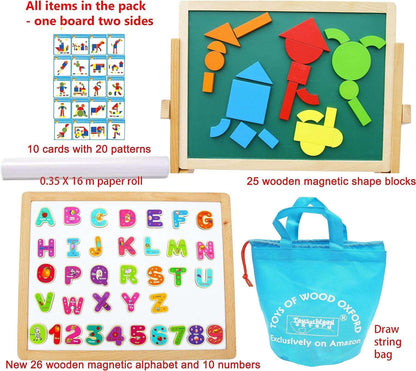 TOWO Wooden Easel for Children Foldable Double Magnetic Boards Magnetic Shapes Letters Numbers and Paper Roll Kids Art Easel -Table Top Magnetic Board for Kids