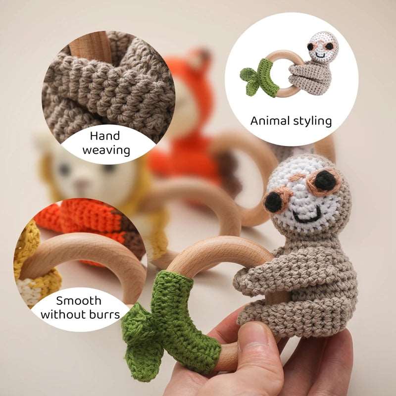 1PCS Cute Baby Toy Cartoon Crochet Animal Rattle New DIY Beech Wood Bracelet BPA Free Baby Teether Newborn Educational Toy Gifts