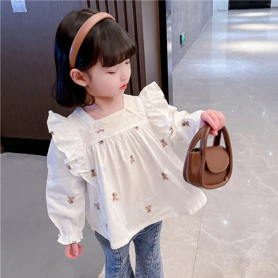 Teddy bear embroidery ruffles cotton blouse