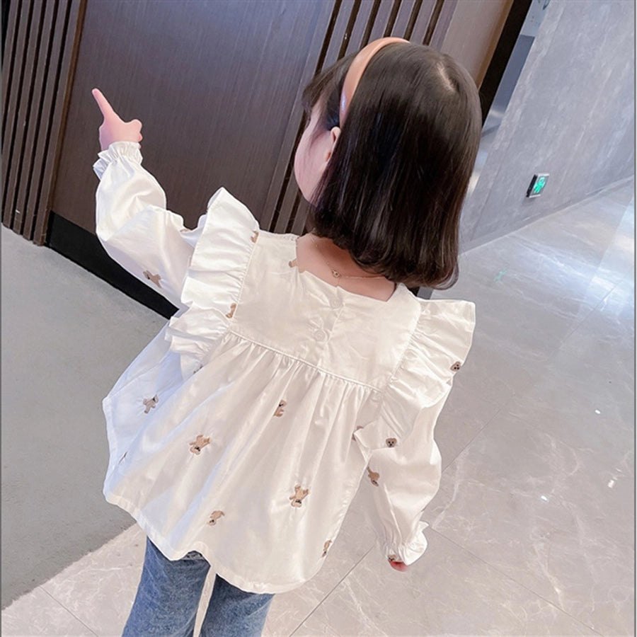 Teddy bear embroidery ruffles cotton blouse