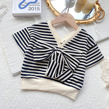 Stripe bow knot girls clothing sets