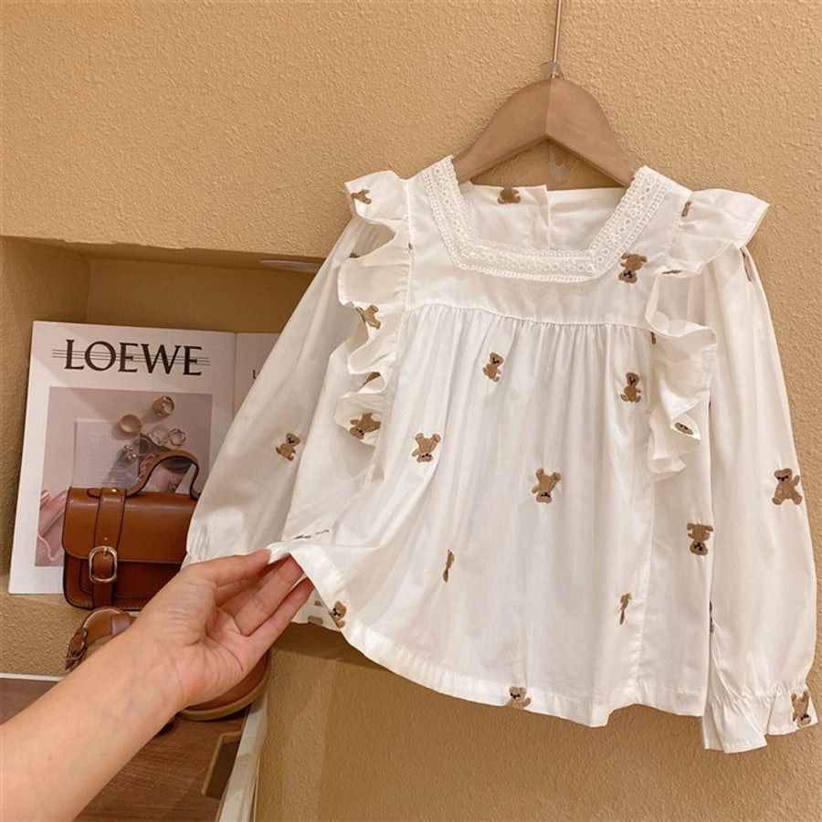 Teddy bear embroidery ruffles cotton blouse