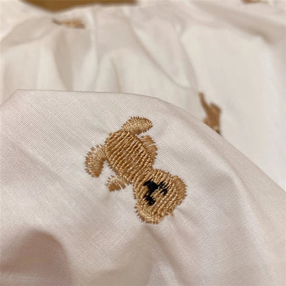 Teddy bear embroidery ruffles cotton blouse