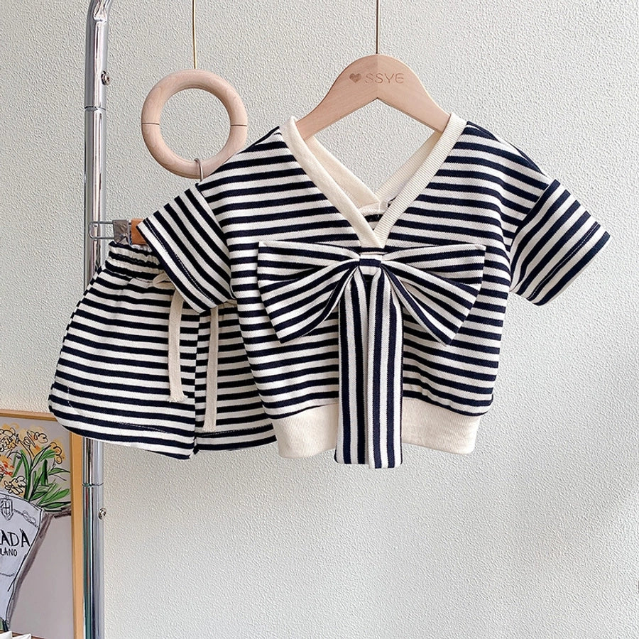 Stripe bow knot girls clothing sets